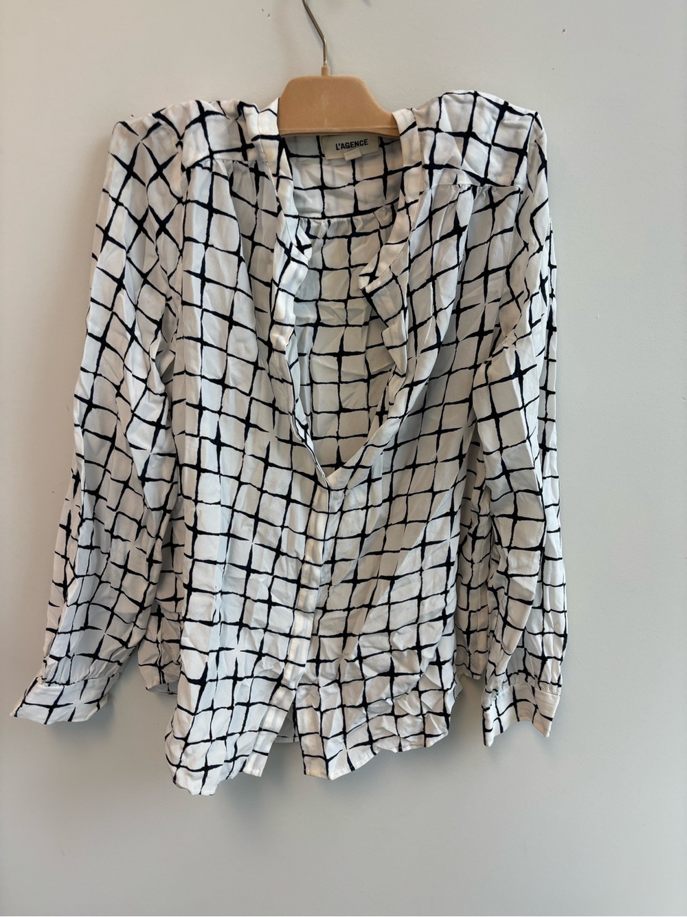 L'Agence Black & White Grid Button-Up Silk Blouse
